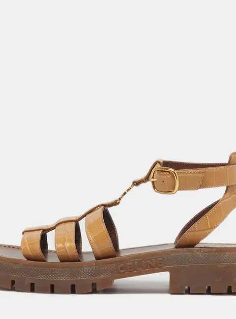Celine Triomphe Size 38 Beige Croc Embossed Leather Gladiator Sandals