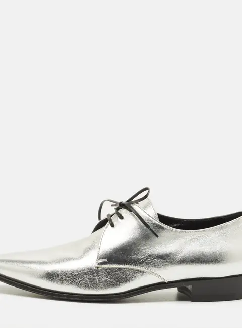 Celine Size 39 Metallic Silver Leather Lace Up Oxfords