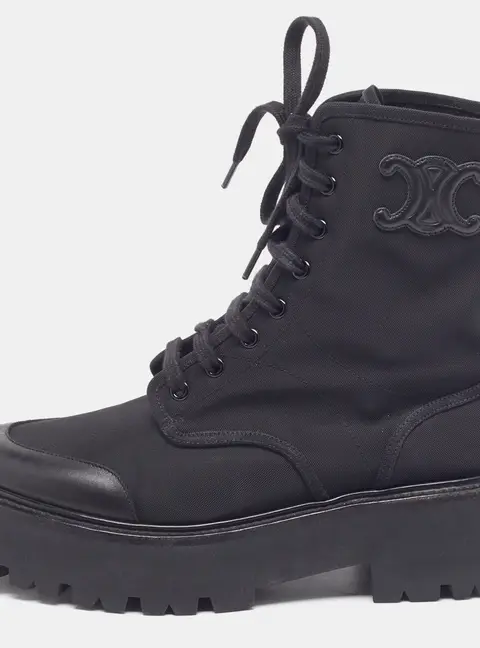Celine Size 39 Black Canvas and Leather Combat Boots