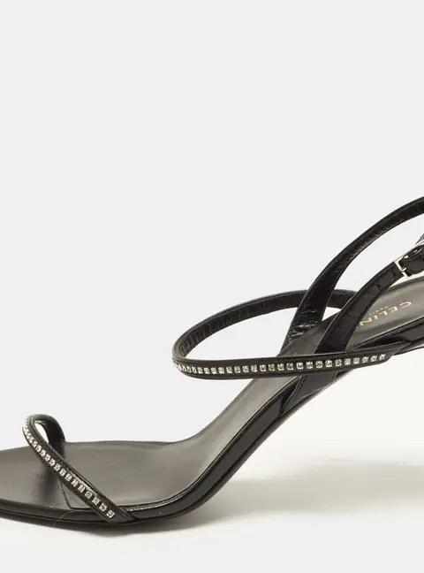 Celine Size 37 Black Leather Crystal Embellished Slingback Sandals