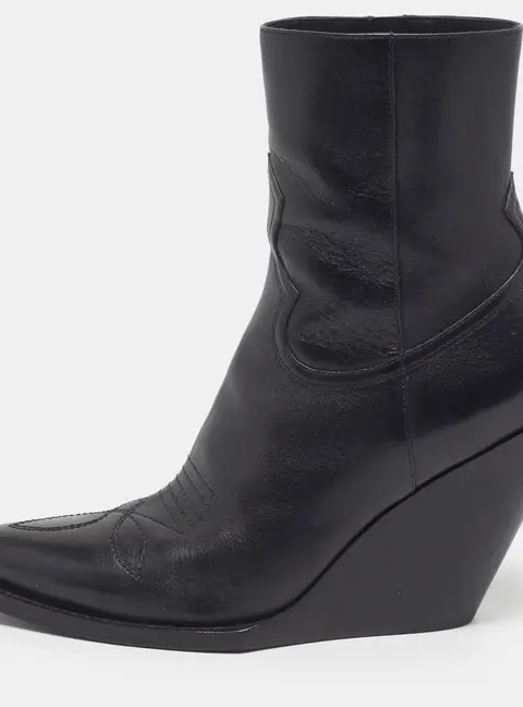 Celine Western Stiched Size 40 Black Leather Wedge Ankle Boots