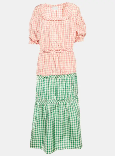 CF. Goldman Pink/Green Checkered Silk Tiered Midi Dress S
