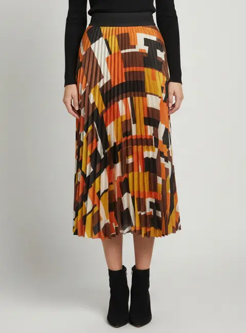 CH Carolina Herrera Colour Block Abstract Print Satin Plisse Midi Skirt L