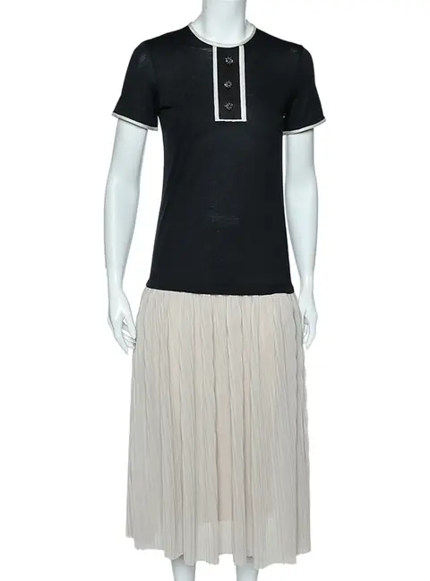 CH Carolina Herrera Black & Beige Cotton & Silk Plisse Detail Midi Dress XS