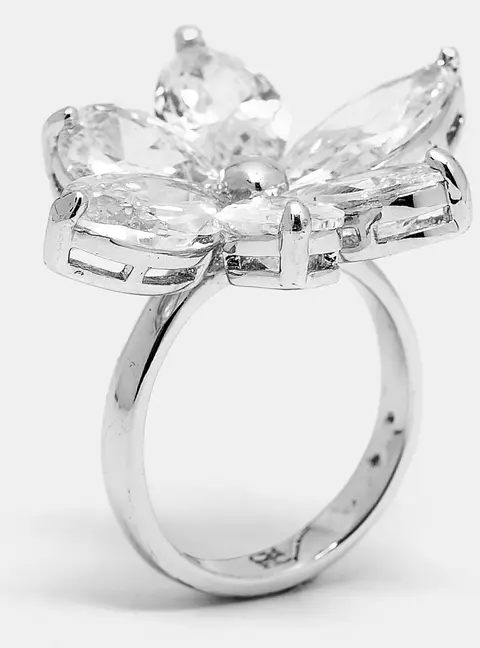 Carolina Herrera Crystal Jasmine Silver Tone Ring Size 54