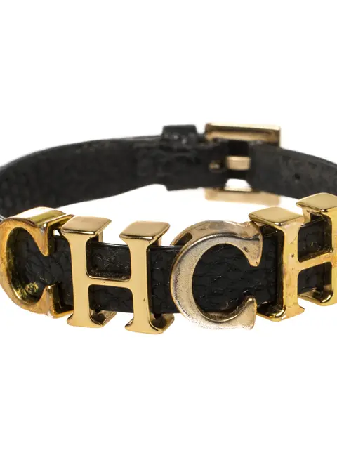 Carolina Herrera Black Leather Gold Tone Adriana Bracelet