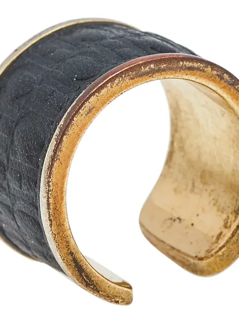 CH Carolina Herrera Black Leather Gold Tone Open Ring Size 52.5