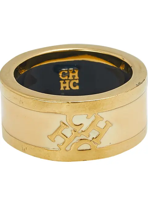 CH Carolina Herrera Cream Enamel Gold Tone Band Ring Size EU 55