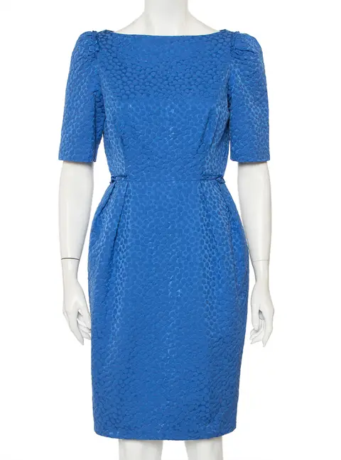 CH Carolina Herrera Blue Embossed Cotton Sheath Dress M