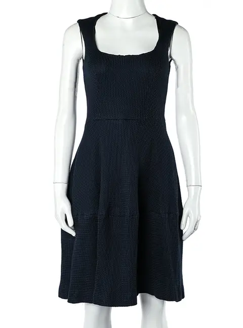 CH Carolina Herrera Navy Blue Textured Cotton Flared Dress S