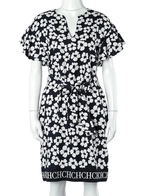 CH Carolina Herrera Navy Blue Floral Print Silk & Linen Belted Dress S