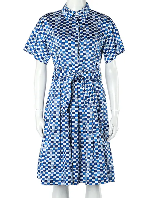 CH Carolina Herrera Blue Logo Grid Print Cotton Belted Dress S