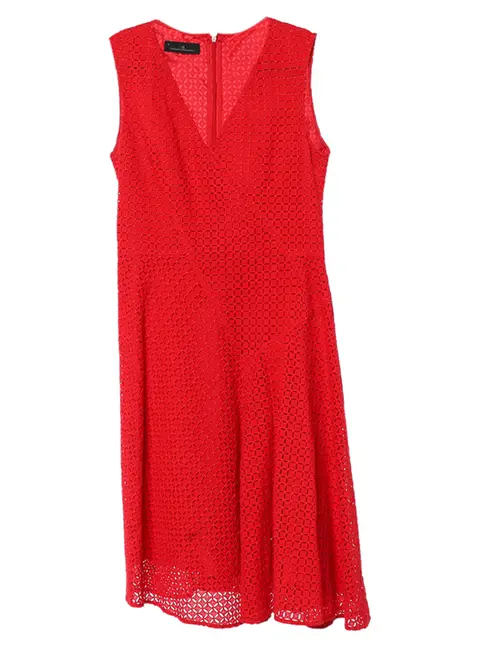 CH Carolina Herrera Red Lace Flared V-Neck Dress M