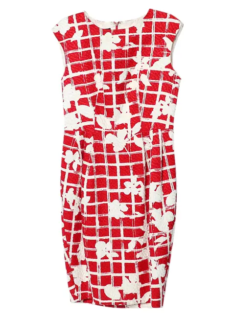 CH Carolina Herrera Red Floral Grid Printed Sheath Dress M