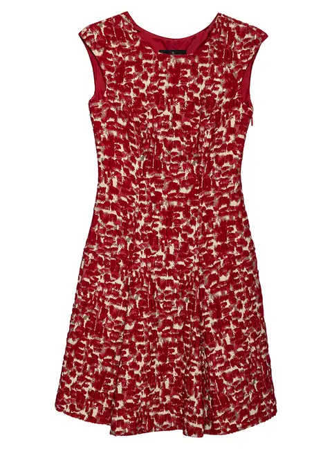 CH Carolina Herrera Red Wool Jacquard Paneled Pleated Dress S
