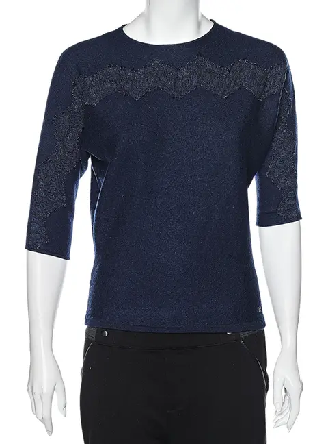CH Carolina Herrera Navy Blue Wool & Lace Trim Detailed Jumper S