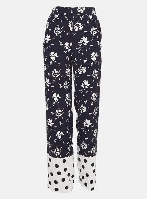 CH Carolina Herrera Blue Floral Printed Crepe Wide-Leg Pants XS