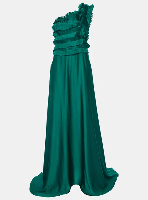 CH Carolina Herrera Green Silk Ruffled One Shoulder Gown M