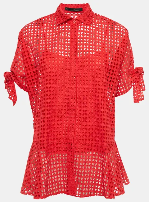 CH Carolina Herrera Red Cotton Lace Loose Fit Shirt XS