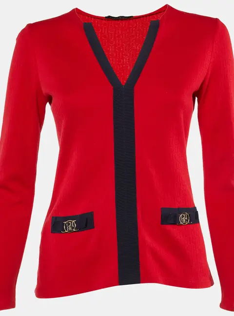 CH Carolina Herrera Red CH Pattern Cotton V-Neck Top XS