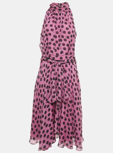 CH Carolina Herrera Purple Polka Dots Silk Tiered Midi Dress L
