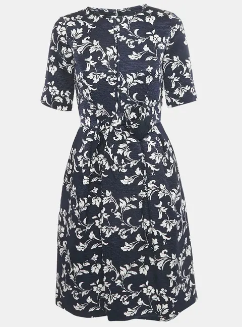 CH Carolina Herrera Navy Blue Floral Print Jacquard Bow Detail Short Dress S