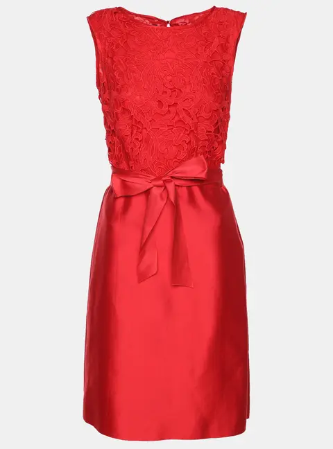 CH Carolina Herrera Red Floral Lace & Crepe Sleeveless Short Dress S