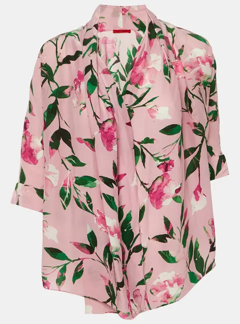 CH Carolina Herrera Pink Floral Print Crepe & Silk Blend Wrap Around Top XXS