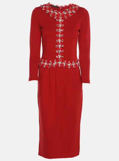 CH Carolina Herrera Red Jersey Tweed Detail Midi Dress XXS