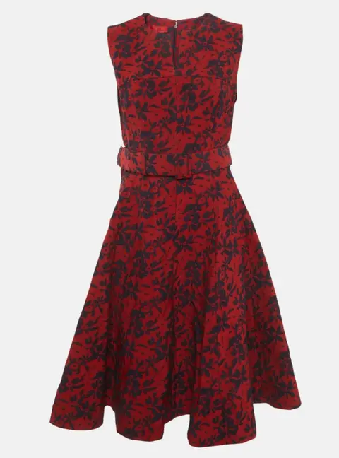 CH Carolina Herrera Red Embossed Floral Print Belted Mini Dress M
