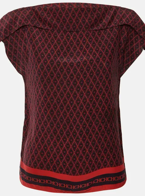 CH Carolina Herrera Navy Blue/Red Printed Silk Blend Top XS