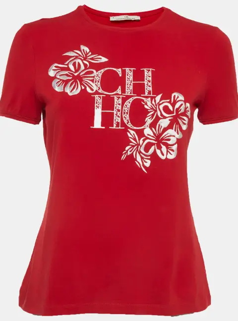 CH Carolina Herrera Red Jersey Logo Embroidered T-Shirt S