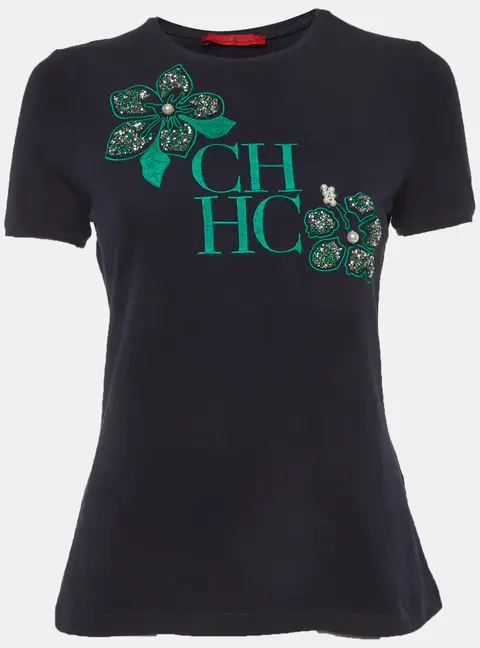 CH Carolina Herrera Navy Blue Jersey Embroidered T-Shirt S