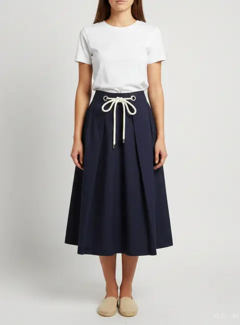 CH Carolina Herrera Navy Blue Cotton Rope Tie Midi Skirt L