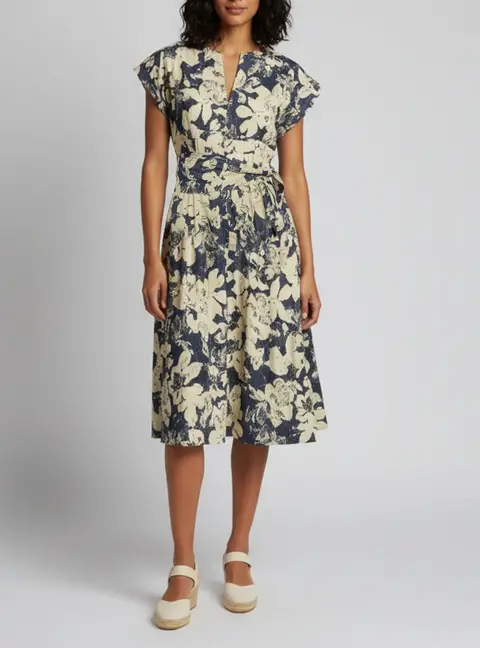 CH Carolina Herrera Navy Blue Floral Print Linen Blend Flared Midi Dress M