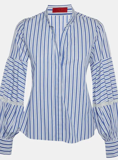 CH Carolina Herrera Blue/White Striped Cotton and Lace Trim Blouse S