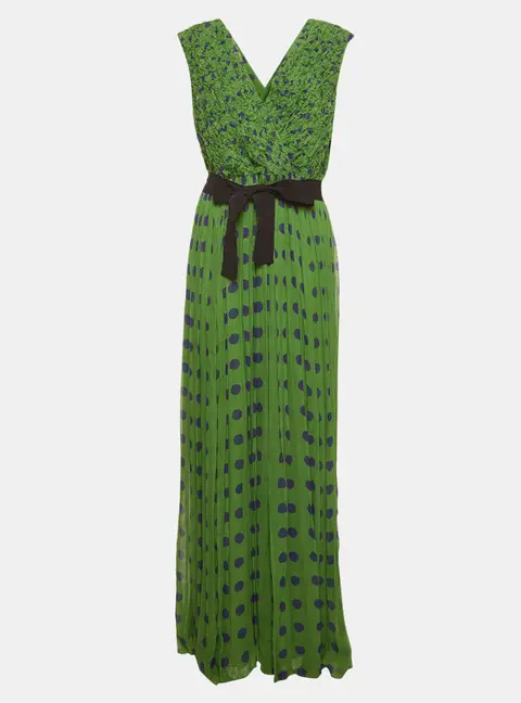CH Carolina Herrera Green Polka Dot Print Chiffon Pliss&eacute; Maxi Dress L