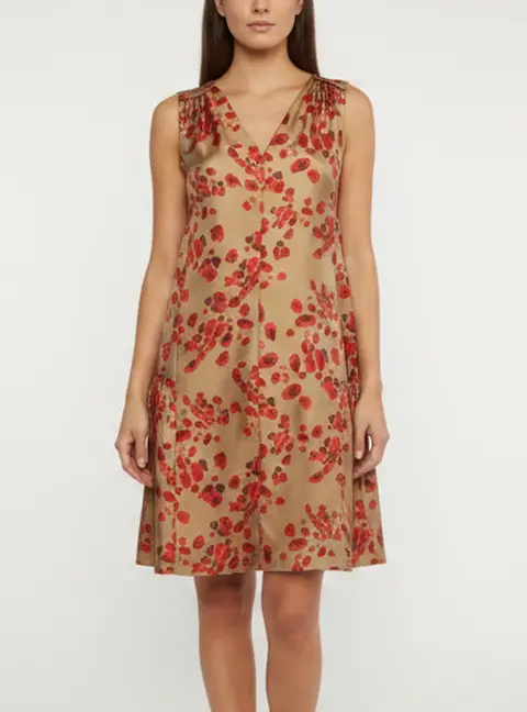 CH Carolina Herrera Brown Printed Silk V- Neck Dress S