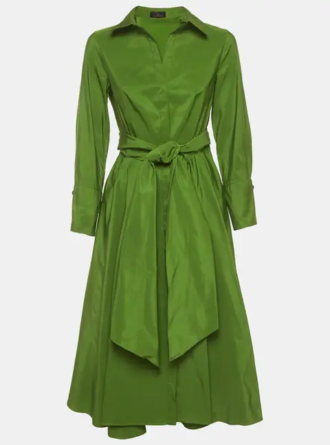 CH Carolina Herrera Green Taffeta Belted Midi Shirt Dress M