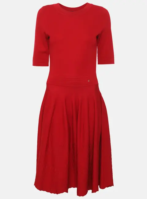 CH Carolina Herrera Red Stretch Knit Jacquard Flared Knee Length Dress XXS