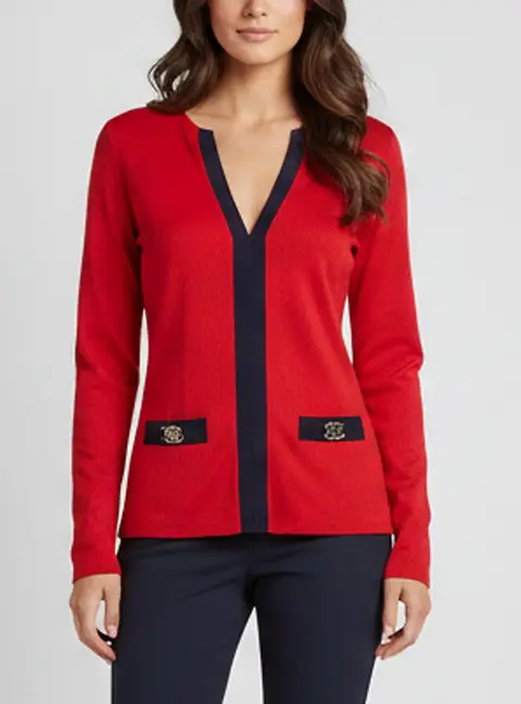 CH Carolina Herrera Red Monogram Cotton Knit Top XS