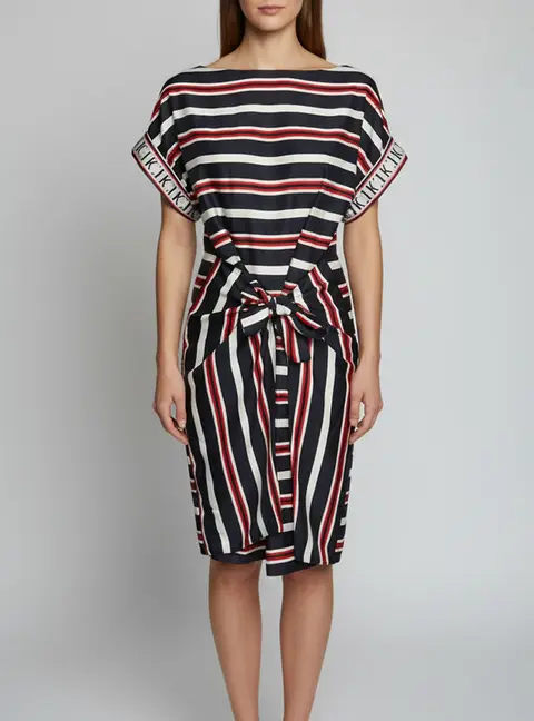 CH Carolina Herrera Navy Blue Striped Silk Wrap Dress M
