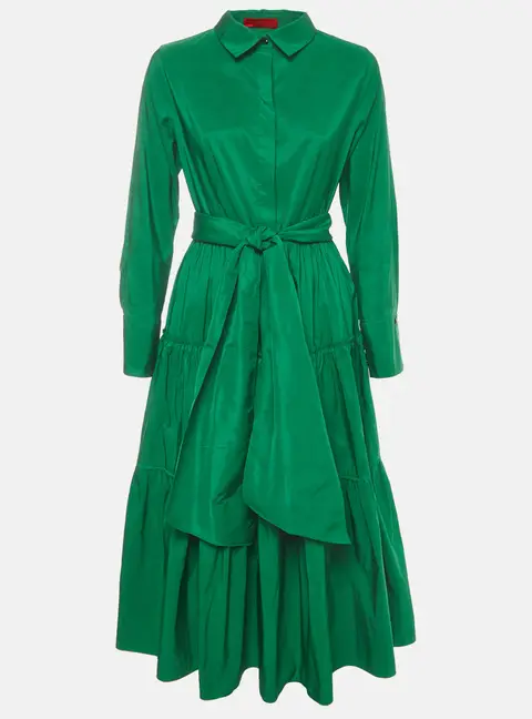 CH Carolina Herrera Green Taffeta Belted Midi Shirt Dress M