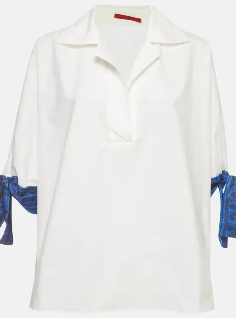 CH Carolina Herrera White Logo Print Poplin Tie Blouse M