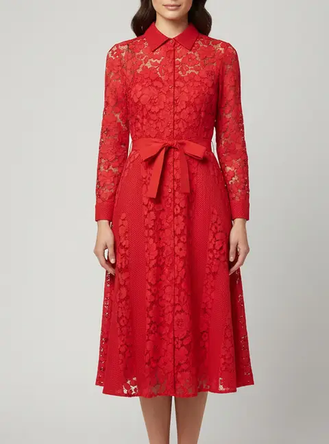 CH Carolina Herrera Red Lace Long Sleeve Belted Midi Dress M