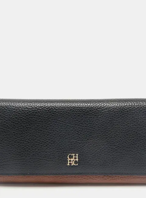 CH Carolina Herrera Black/Brown Leather Long Trifold Wallet