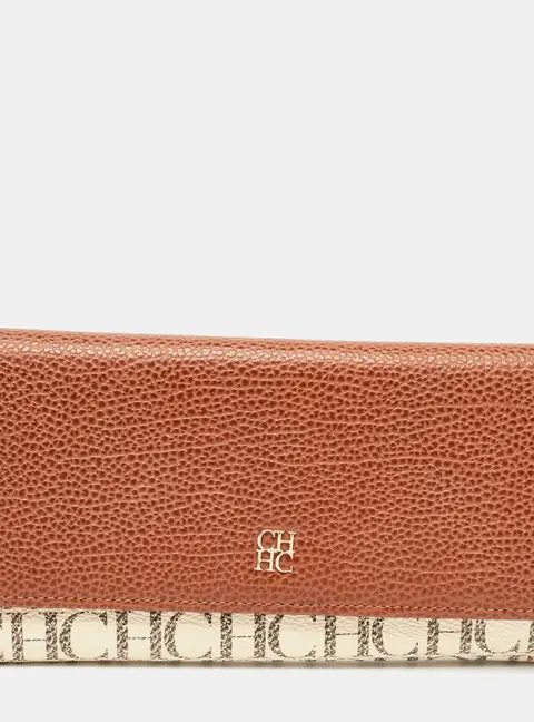 CH Carolina Herrera Brown/White Monogram Leather Flap Continental Wallet