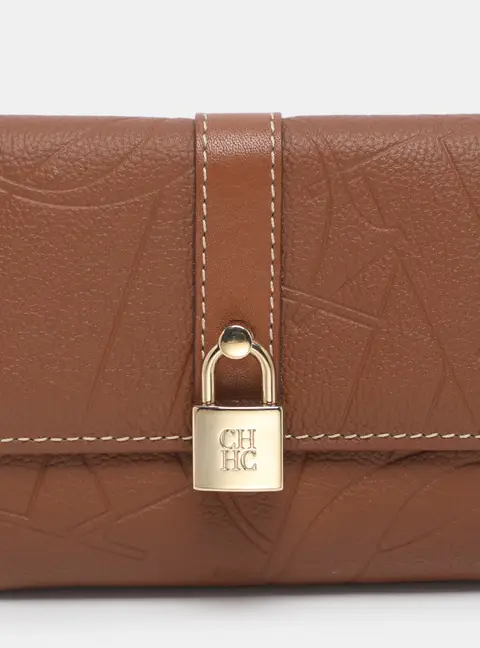 CH Carolina Herrera Brown Monogram Leather Matryoshka Lock Compact Wallet