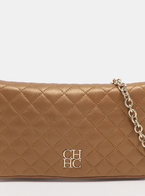CH Carolina Herrera Gold Quilted Leather Flap Shoulder Bag