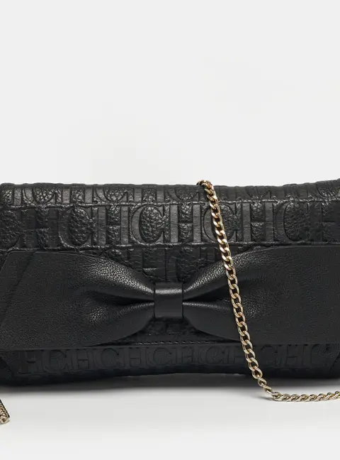 CH Carolina Herrera Black Monogram Embossed Leather Bow Flap Chain Shoulder Bag